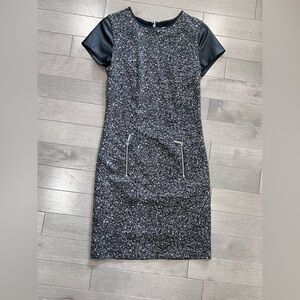 Michael Kors Tweed Shift Dress Faux Leather Sleeves Size 0 Zip Pockets